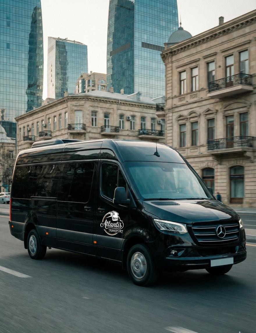 Black Mercedes Sprinter driving in Baku city street
